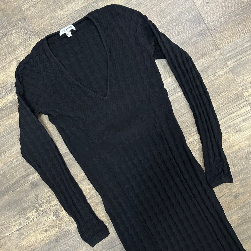 Good American Textured Black Low Down Houndstooth Midi Sheath Dress Size 2
